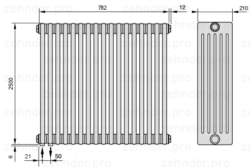 Схема (чертеж) Радиатор Zehnder Charleston 6250/17 №3370 Белый глянцевый RAL 9016